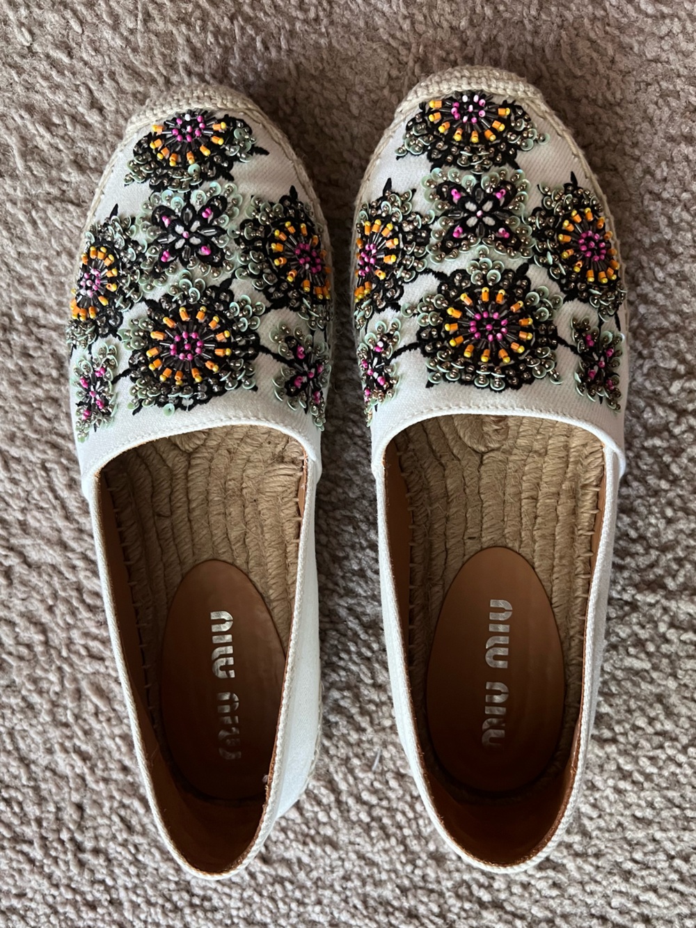 Miu Miu Embroidered Canvas Floral Beaded Espadrilles Sz 37 - Picture 12 of 12